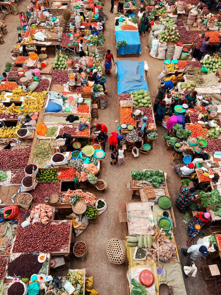 Aerial view of a colourful Arusha market